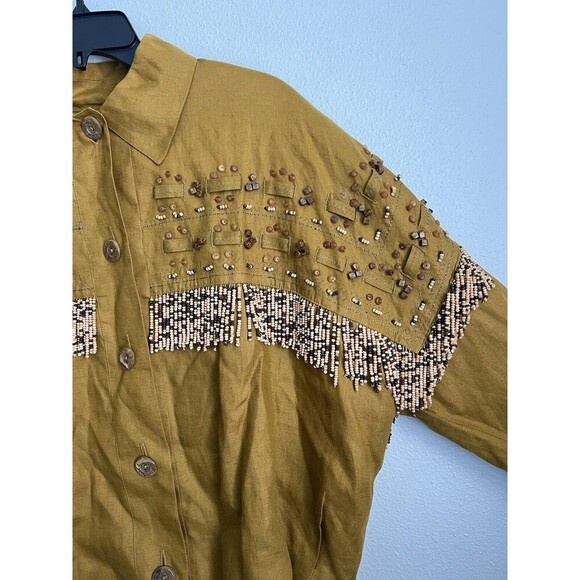 VTG Linen Beaded Cropped Oversized Jacket Mustard ButtonUp Cowgirl Boho Western - Picture 3 of 15